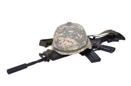 Assault rifle and helmet