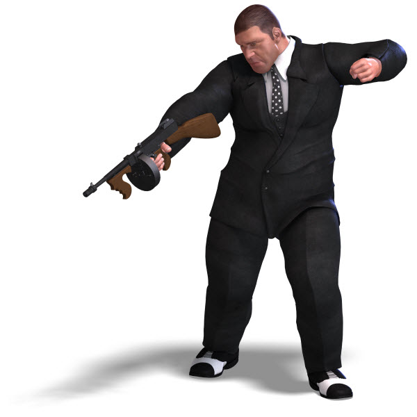 Blacked out suit and Tommy Gun